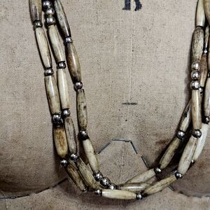 Vintage 1970s Multi-Strand Natural HORN beads With Silver TRIBAL Necklace HIPPIE